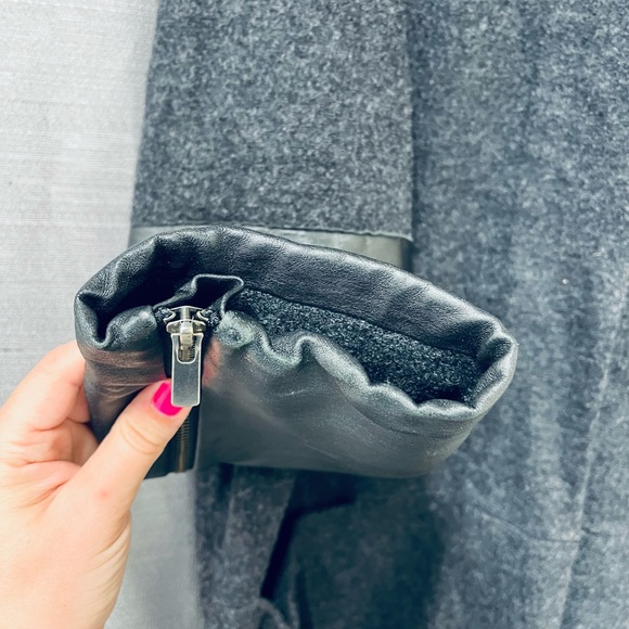 SOLD Eileen Fisher High Neck Black Leather Sleeve Dark Grey Wool Jacket Size XL - Picture 4 of 11